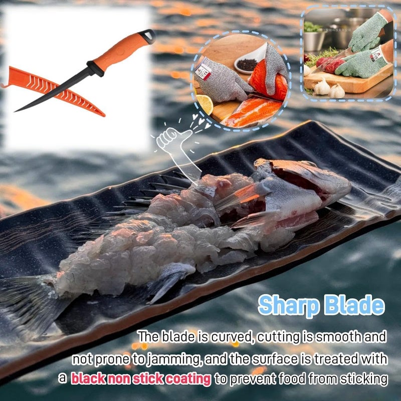 HOWORR 2PCS fillet knife Set, 5 & 7 inch Stainless Steel filet knife for fish, Fishing Gear, Fishing Tool Set, Fishing Accessories Gifts, Non-Slip Handles, with Sharpener and Cutting Resistant Gloves, Orange - Image 2